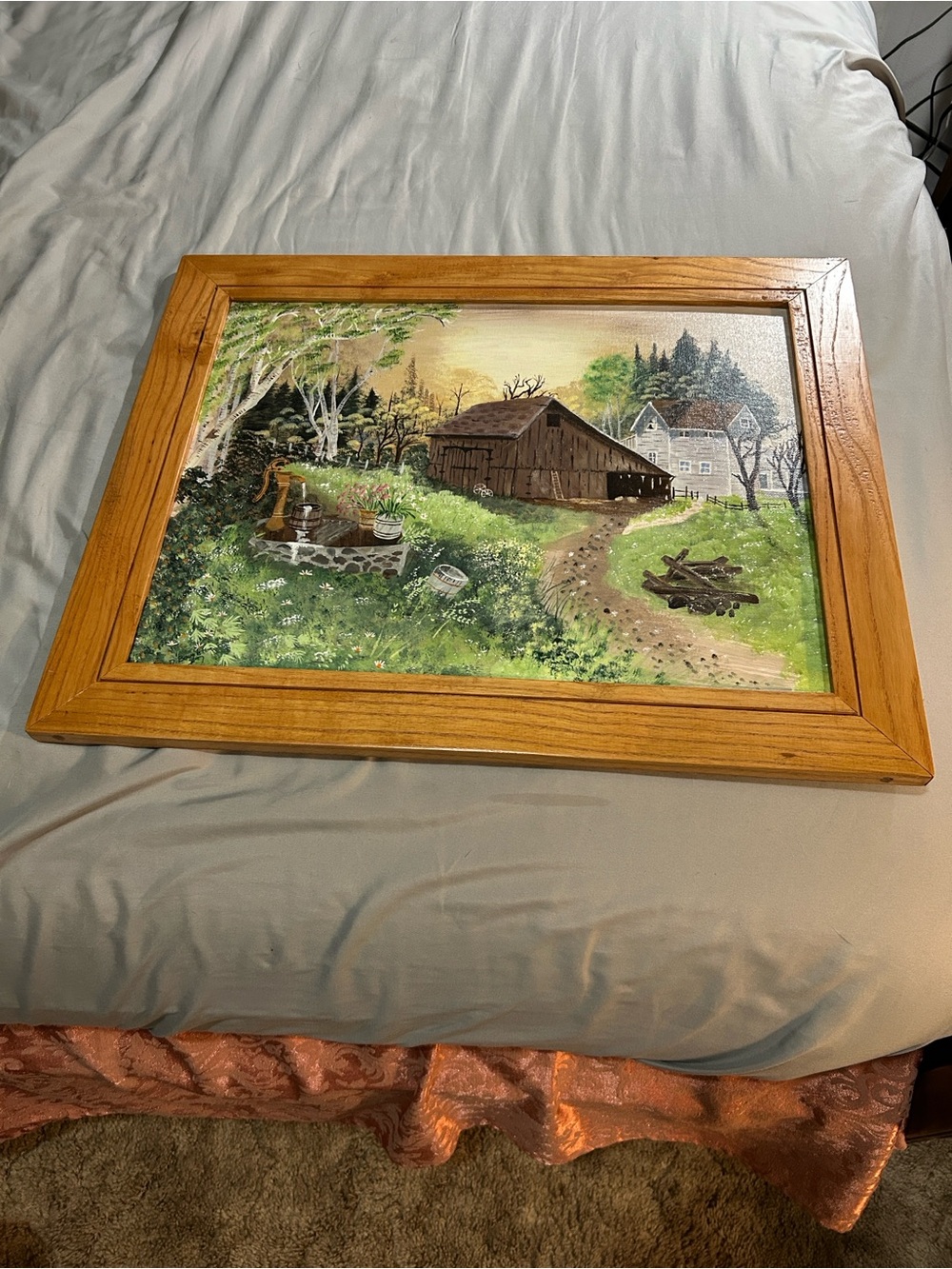 Original/Vintage Folk Art Farm Painting - Acrylic/Canvas
in Solid Oak Frame 🌾 - Picture 11 of 13